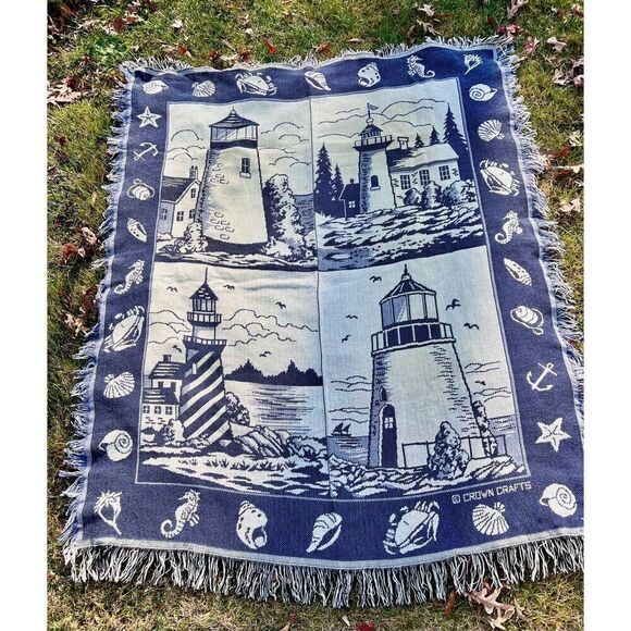 VINTAGE Crown Crafts Blanket Home Decor Lighthouse Nautical Throw Tapestry Sea - Picture 1 of 12